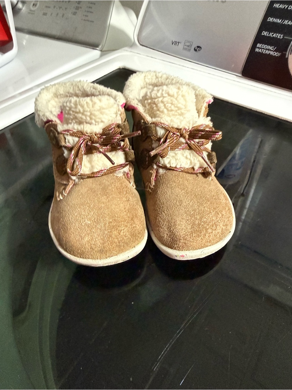 Merrell Bare Steps Tan Suede Sherpa-Lined Kids Boots with Pink Accents